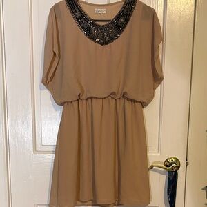 Honey Punch Tan Mini Dress with Black Embellished Neckline